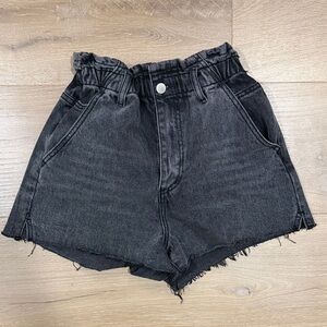 High-Rise Black Paperbag Denim Shorts with Frayed Hem